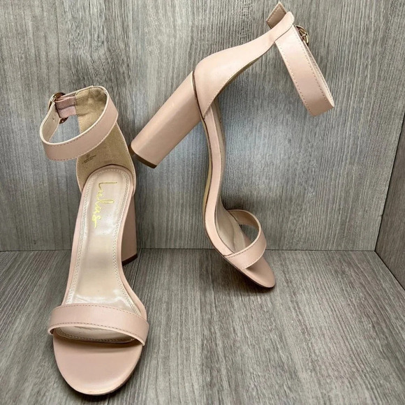 Lulus Sandals Womens Sz 9 Open Toe Ankle Strap High Heel Faux Leather Nude Beige - Picture 7 of 11